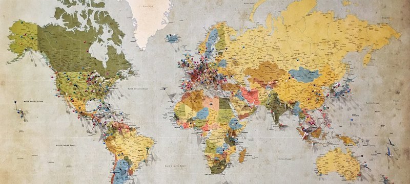 World map with location pins